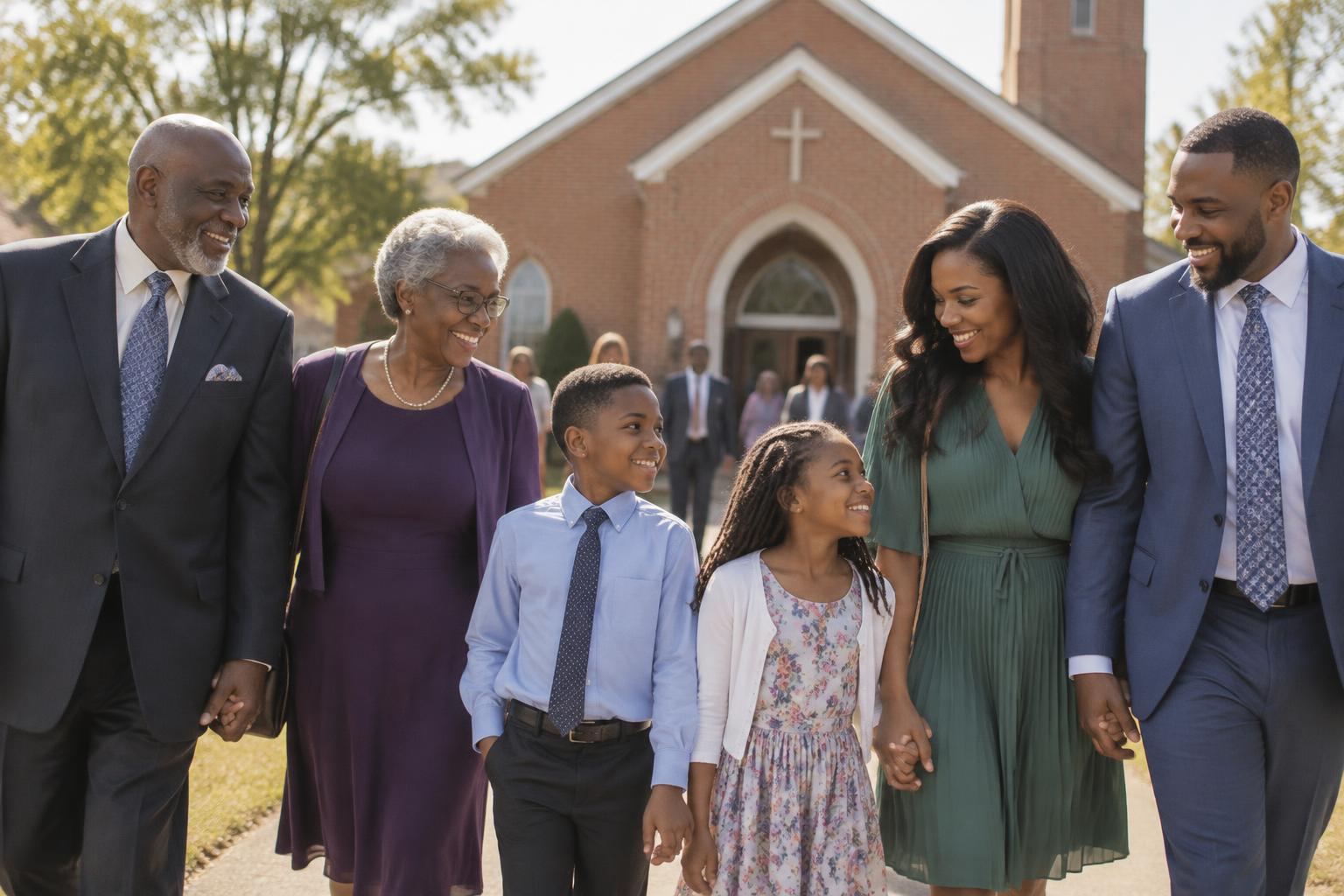AI-generated promotional concept of a joyful multigenerational African American family outside church