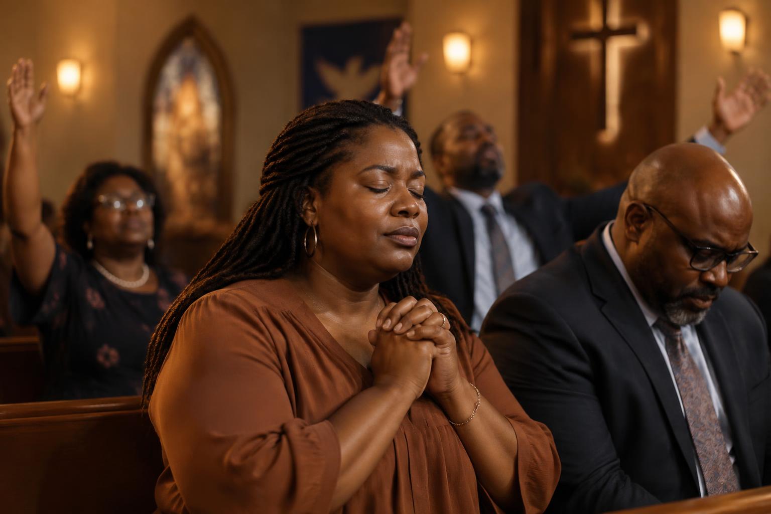 AI-generated promotional concept of African American congregants in prayer and worship