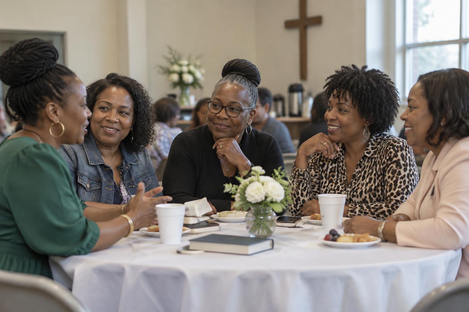 AI-generated promotional concept of African American women sharing church fellowship